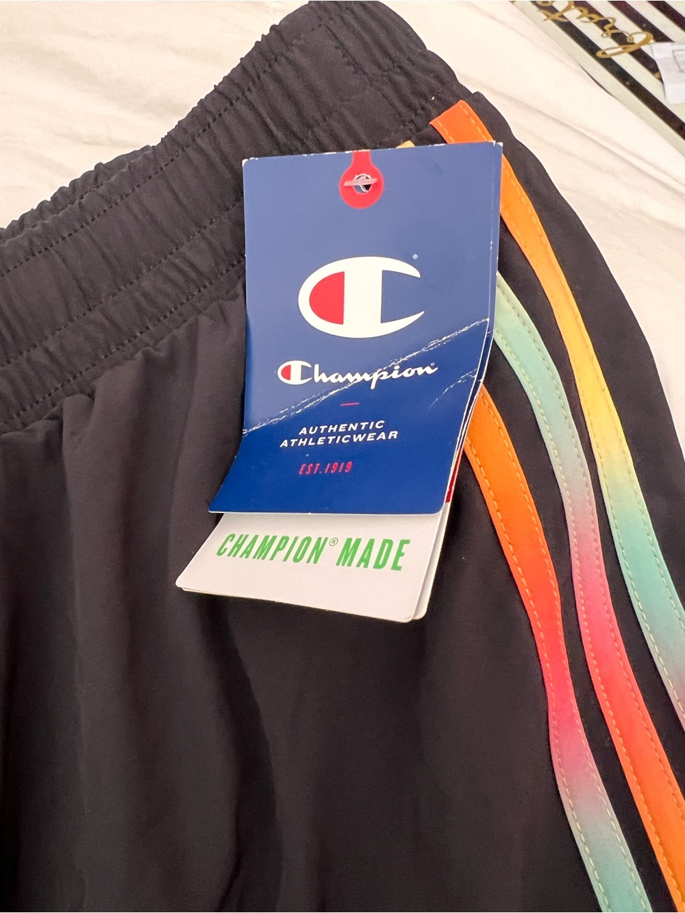 Champion 3X Black Athletics Shorts with Rainbow Stripe Trim - Picture 4 of 14